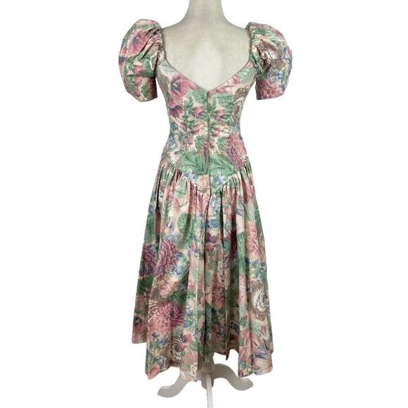 Vintage House of Bianchi Floral Victorian Prairie Midi Puff Sleeve Corset Dress - Picture 6 of 15